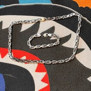 MEN Stainless Steel Silver Byzantine Box Chain Necklace Bracelet SET